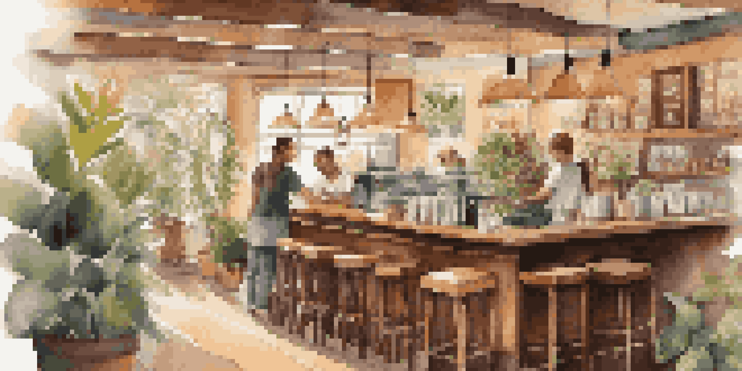 A cozy coffee shop with warm lighting, wooden furniture, and a barista making a latte, filled with customers enjoying their drinks and conversation.