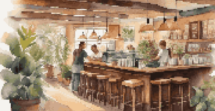 A cozy coffee shop with warm lighting, wooden furniture, and a barista making a latte, filled with customers enjoying their drinks and conversation.