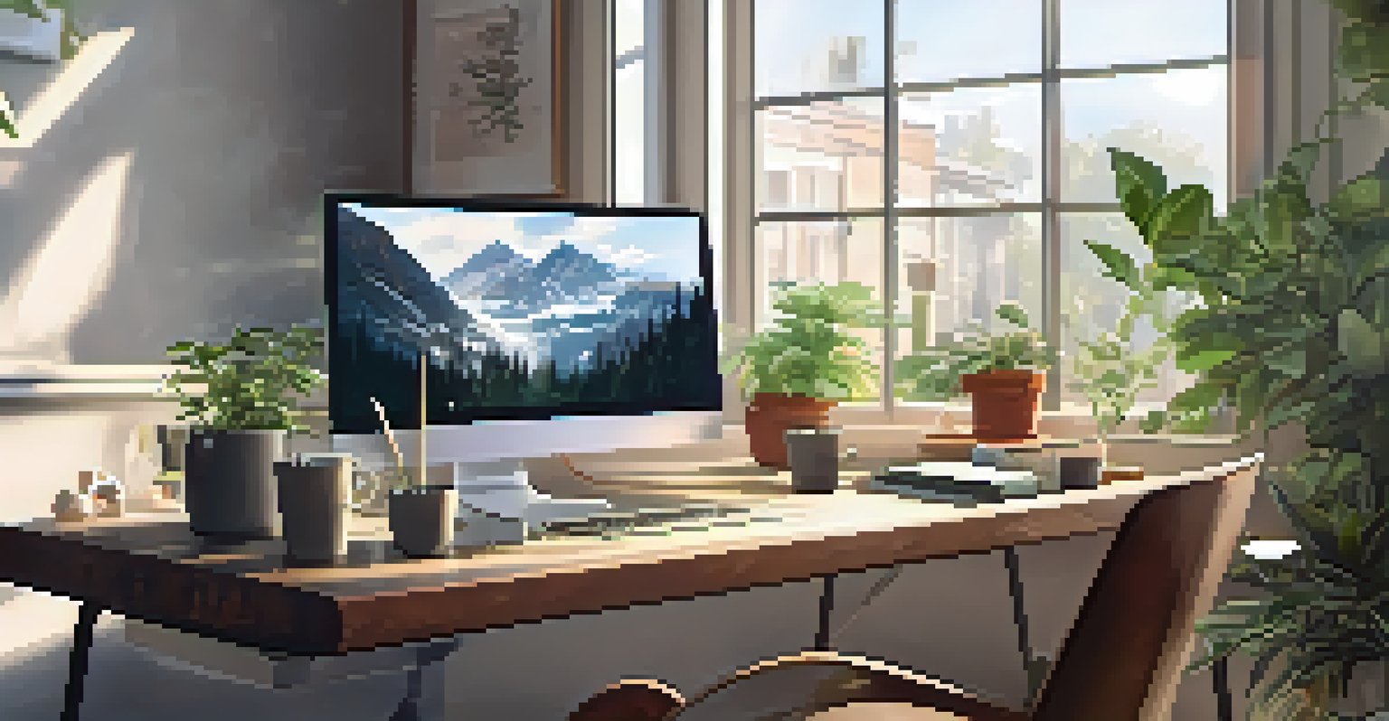 A modern workspace with a desk, laptop, notepad, coffee cup, and potted plants, illuminated by natural light.