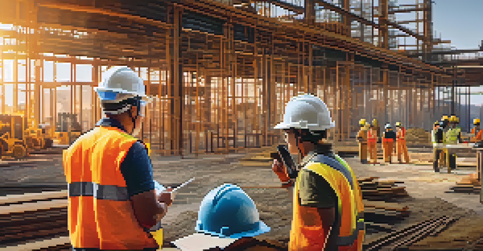 Construction workers using wearable technology, engaged in safety checks on a busy construction site.