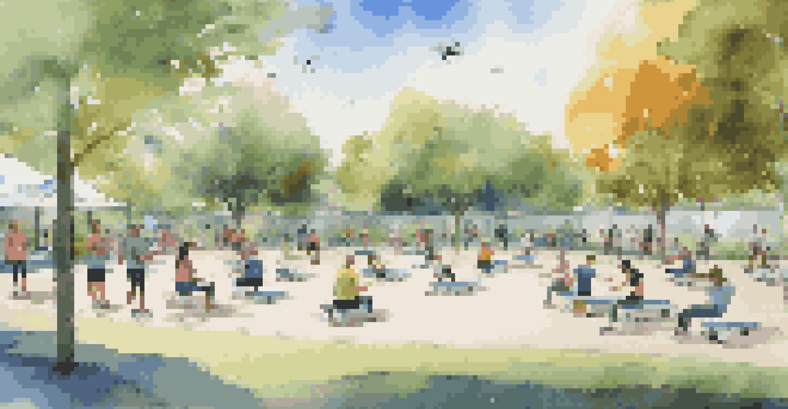 A community park where residents are participating in a fitness class, with IoT devices and drones visible.