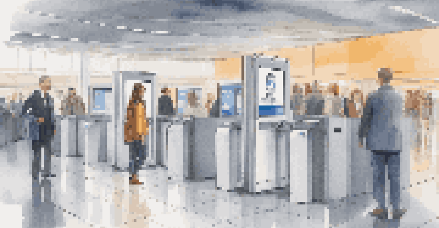 A traveler using a biometric facial recognition kiosk at an airport boarding gate.