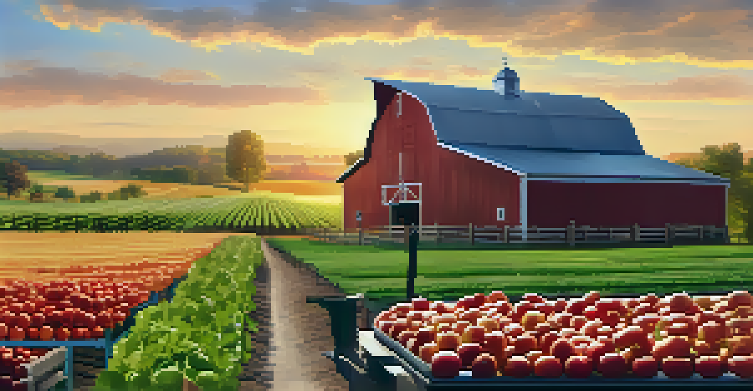 A farm landscape with a digital overlay illustrating the journey of food from farm to table, featuring crops and fresh produce.
