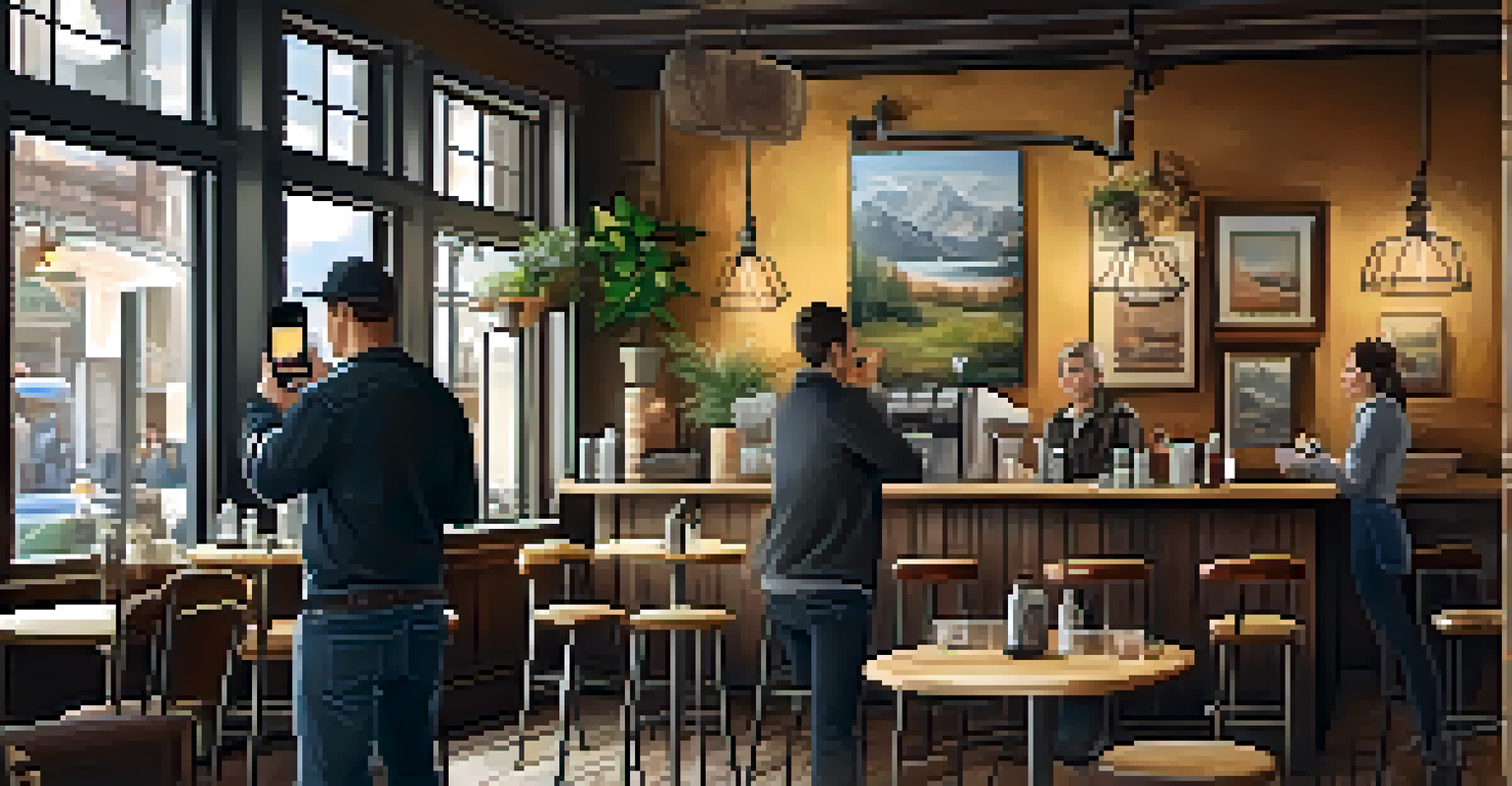A small business owner filming a video in a cozy cafe with rustic decor and patrons in the background.