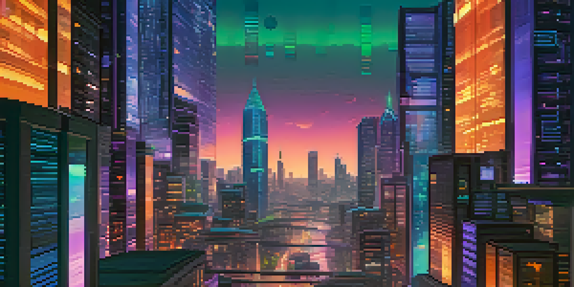 A futuristic digital ledger interface showcasing interconnected blockchain nodes with a cityscape in the background during twilight.