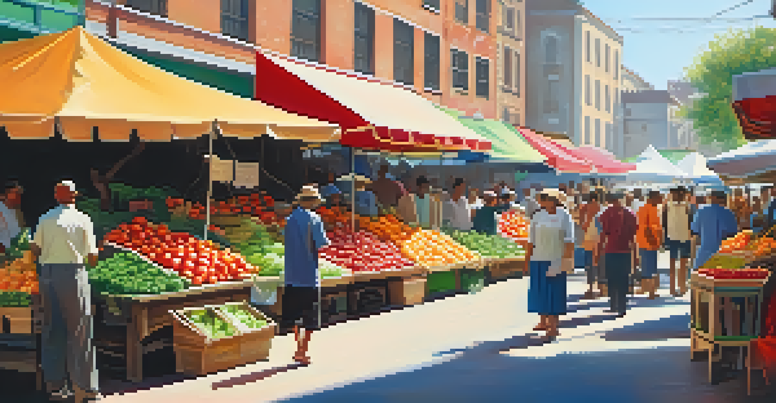 A lively market scene filled with colorful stalls of fresh fruits and vegetables, with shoppers and vendors interacting under bright sunlight.