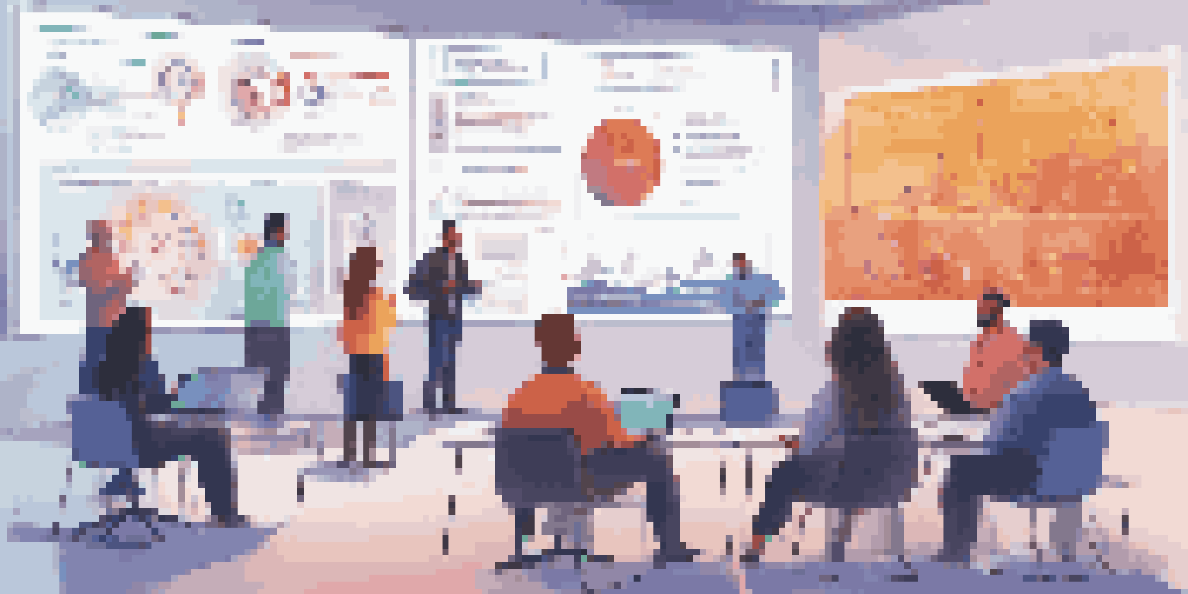 A group of people of various ethnicities participating in a cybersecurity training session, with a screen showing infographics.