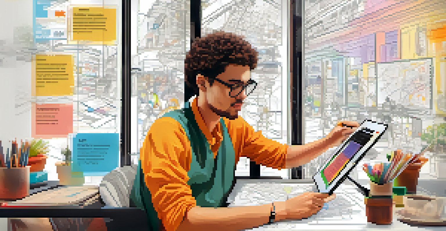A designer sketching user interfaces on a tablet, surrounded by sketches of personas and user journey maps in a cozy workspace.