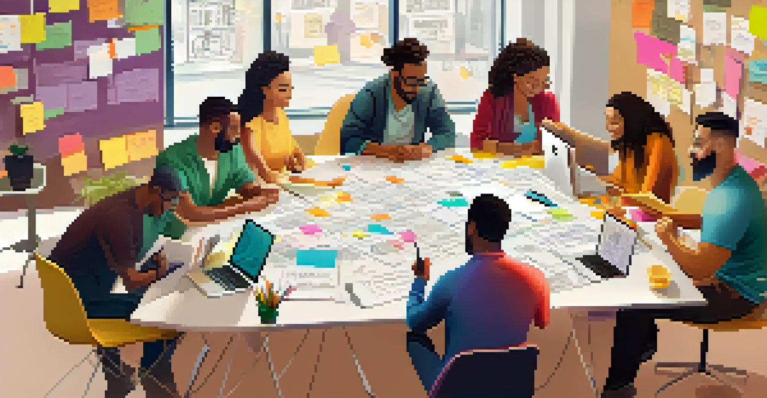 A diverse group of designers collaborating at a large table, with laptops and sticky notes, engaged in brainstorming, with a whiteboard displaying diagrams and feedback in a brightly lit room.