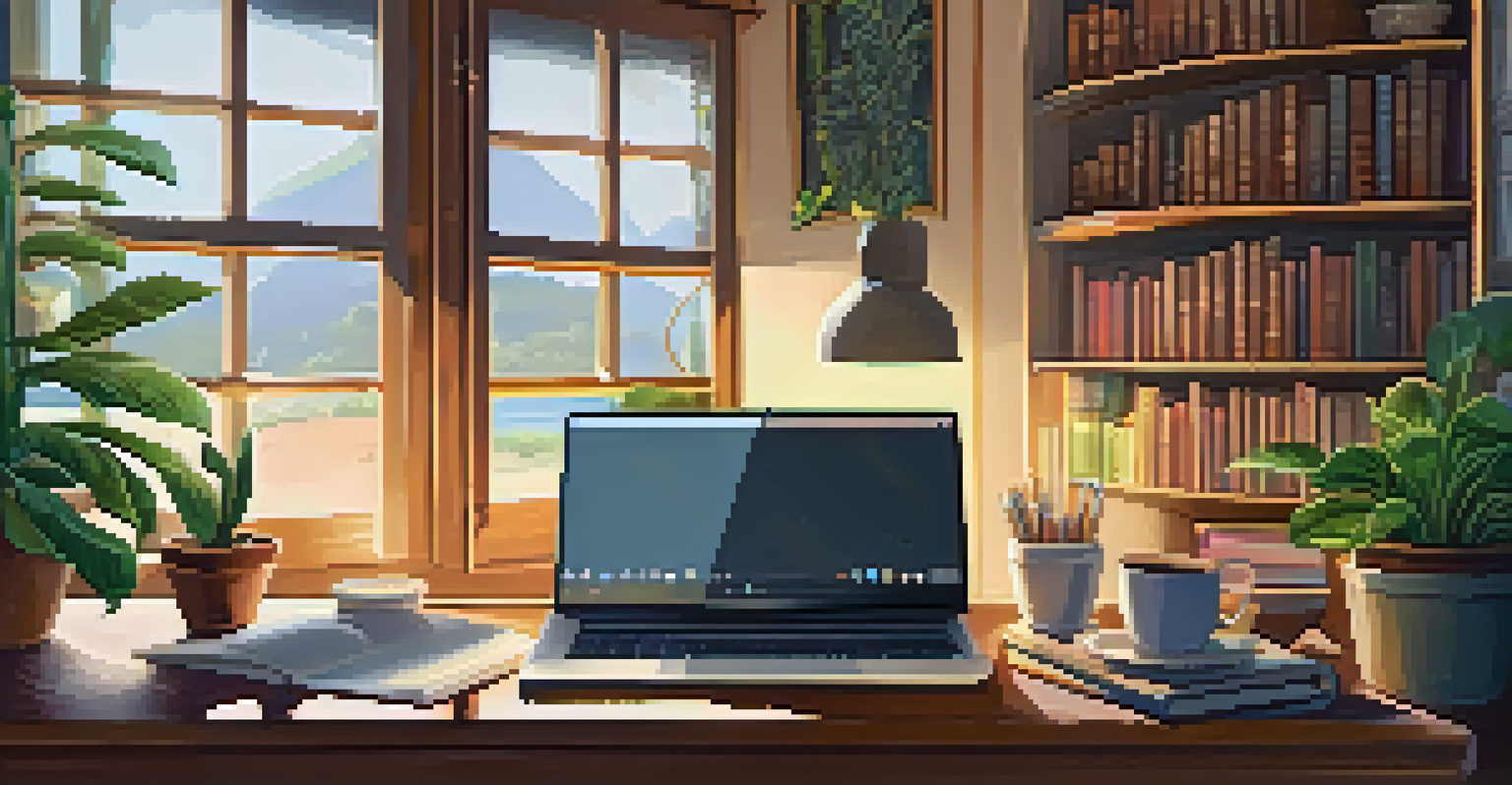 A cozy workspace with a laptop, coffee cup, notebook, and plants, illuminated by natural light.