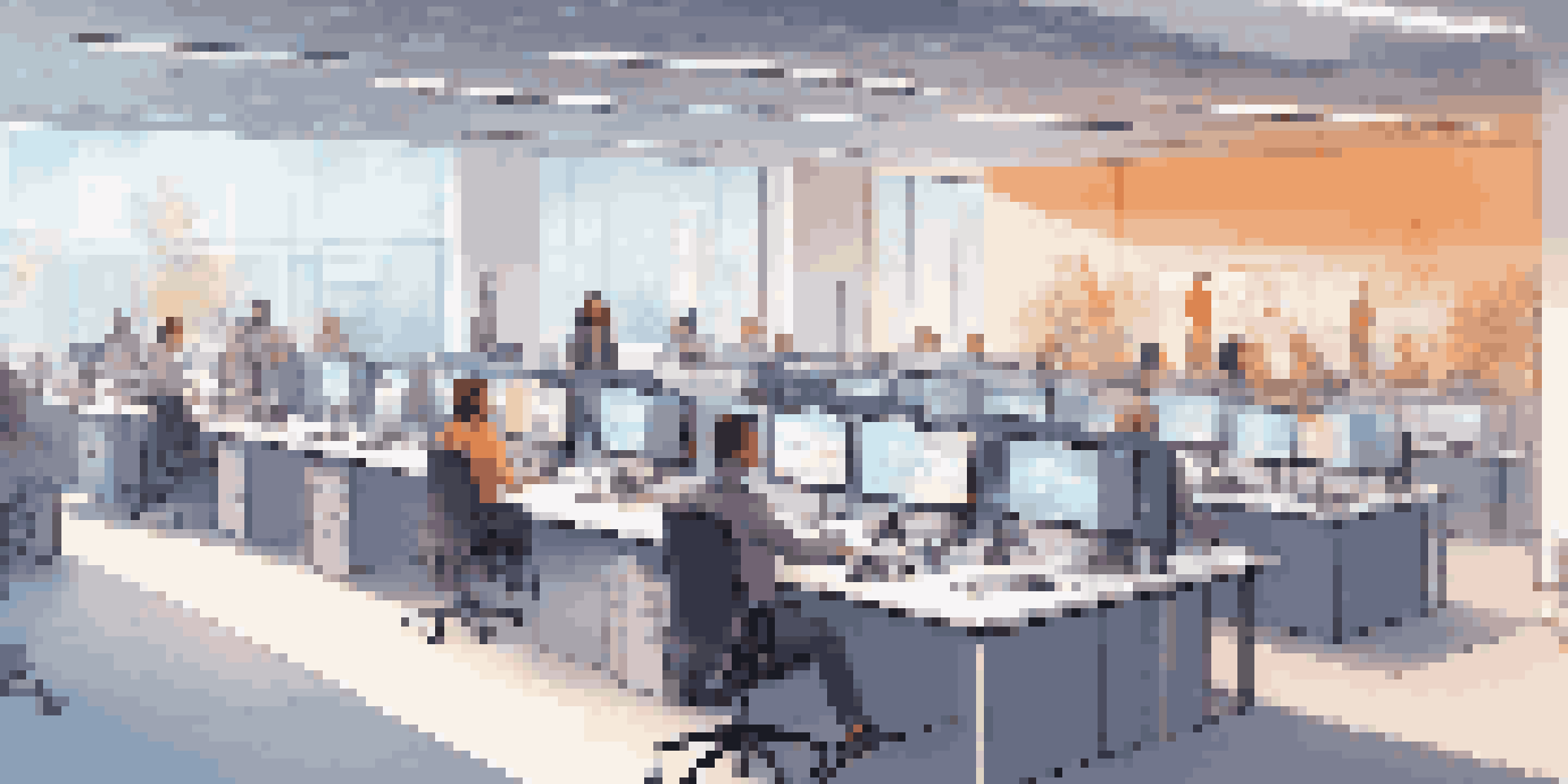 A vibrant customer support center illustrating human agents working alongside AI technology, with various desks and a friendly atmosphere.