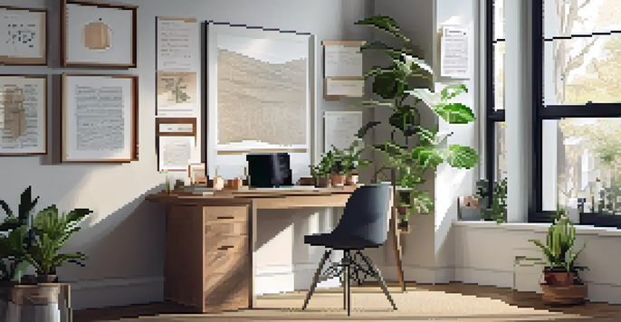 A modern office workspace with a laptop, plants, and art on the walls, illuminated by natural light from a window.