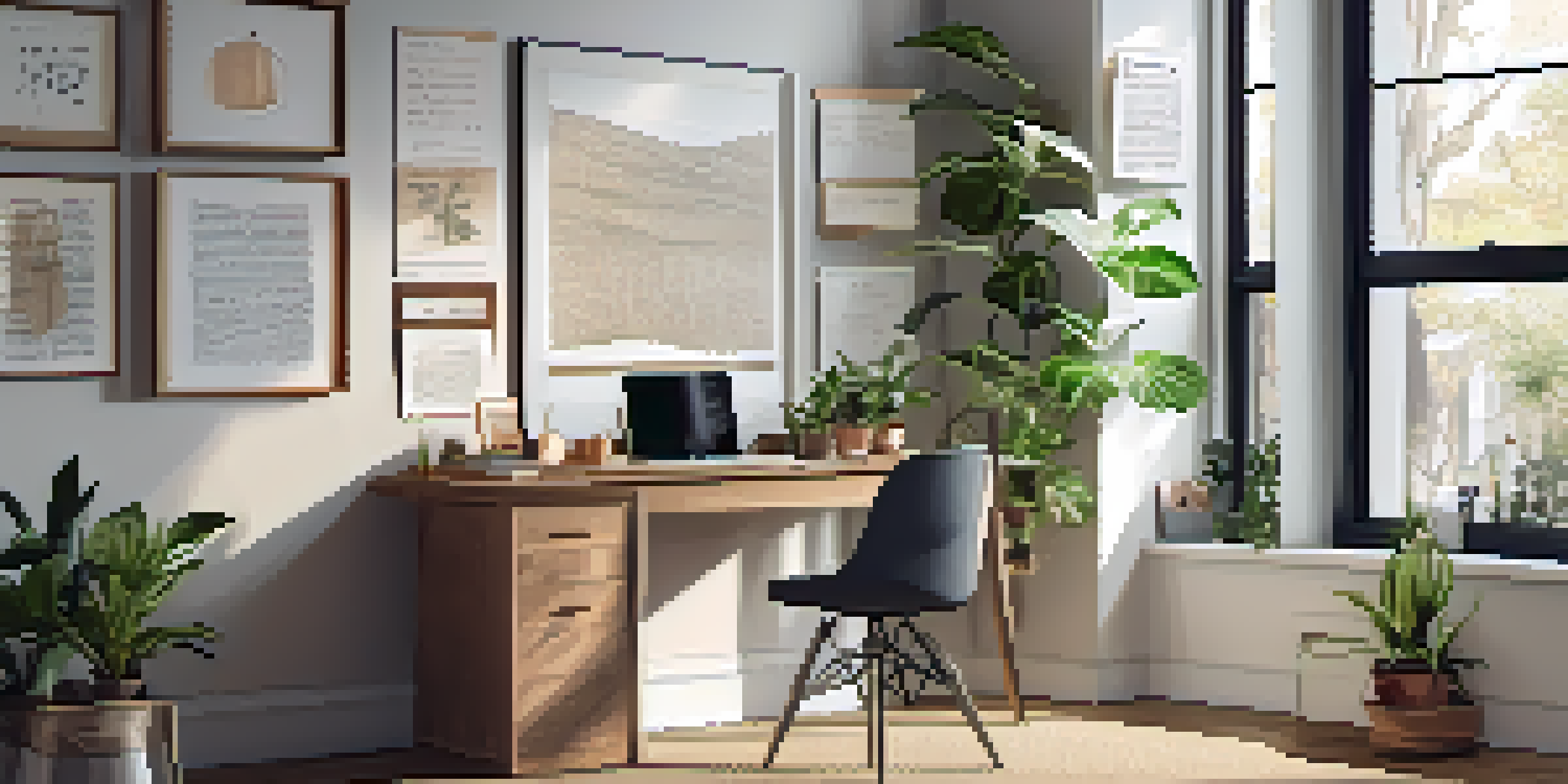 A modern office workspace with a laptop, plants, and art on the walls, illuminated by natural light from a window.