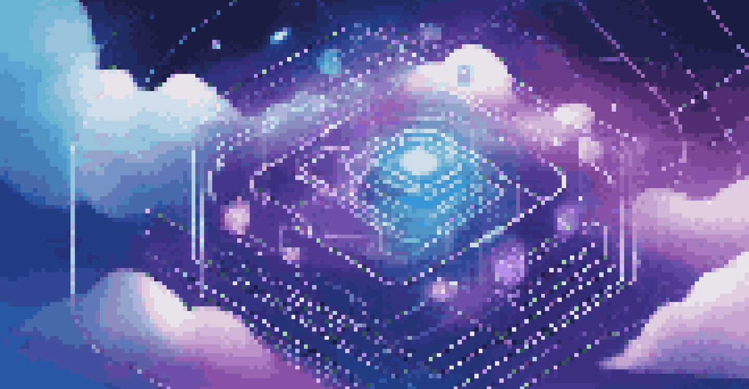 Abstract representation of cloud technology with interconnected clouds, digital locks, and shields against a deep blue and purple background.