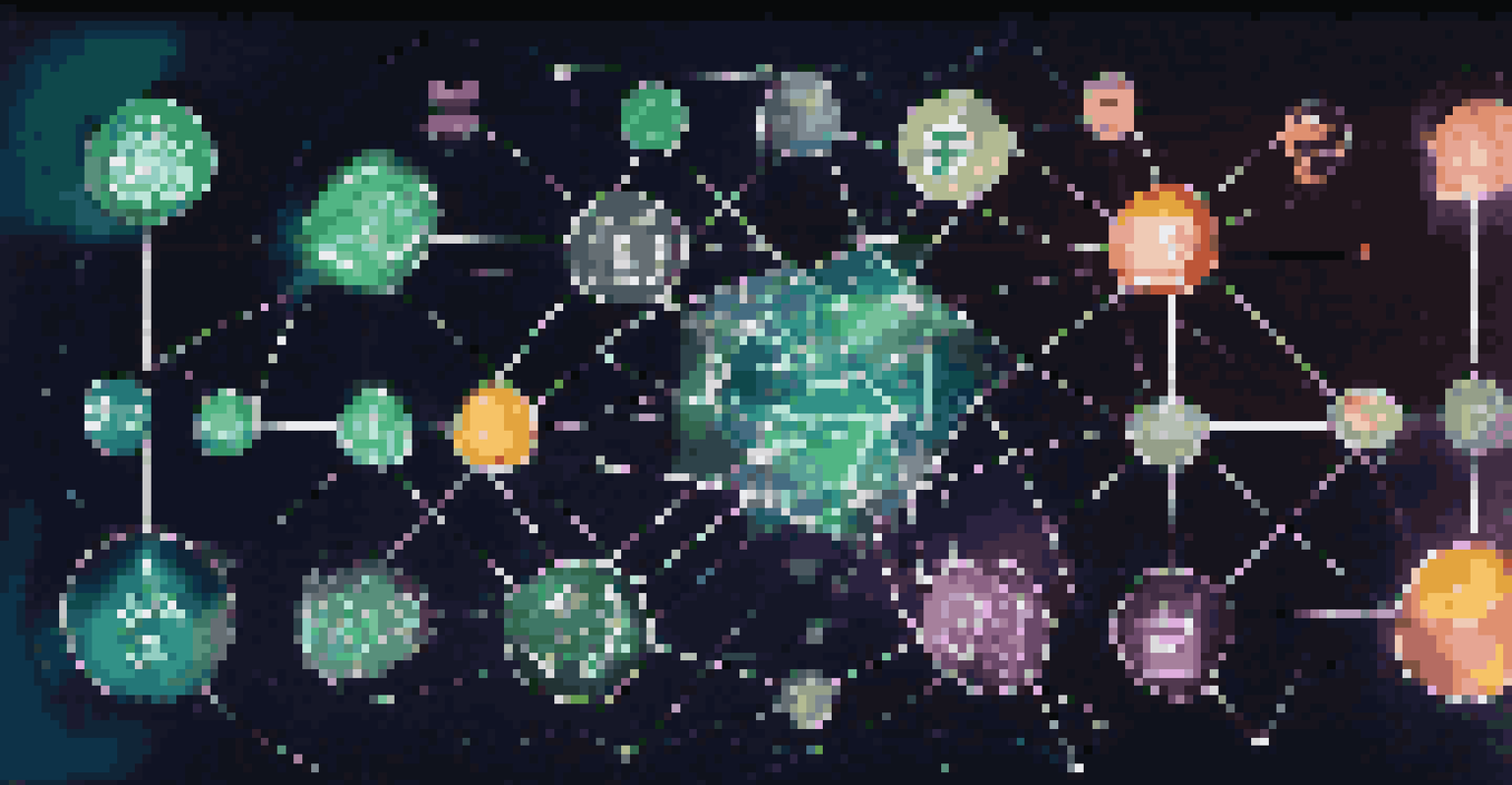 An abstract AI representation with glowing neural networks and finance symbols like dollar signs and credit cards.