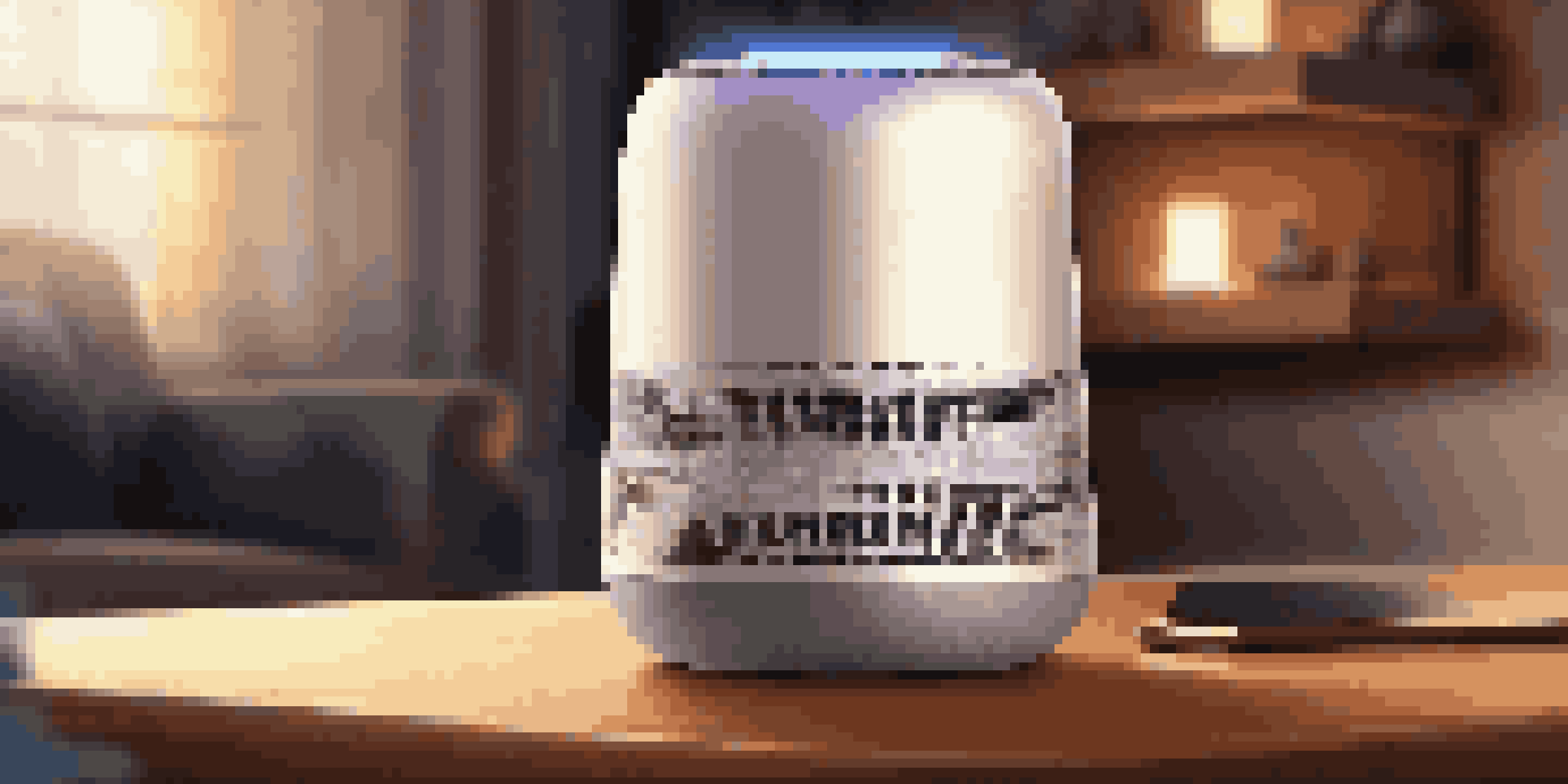 A modern smart speaker on a wooden table in a cozy living room, glowing softly as if listening.