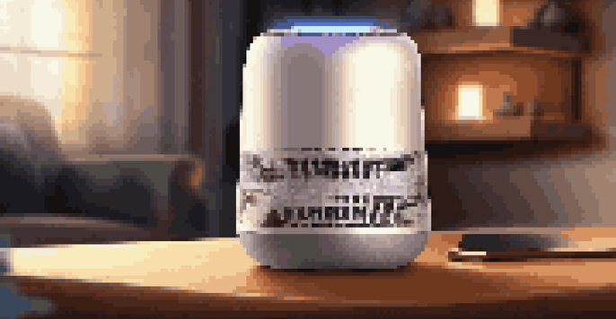 A modern smart speaker on a wooden table in a cozy living room, glowing softly as if listening.