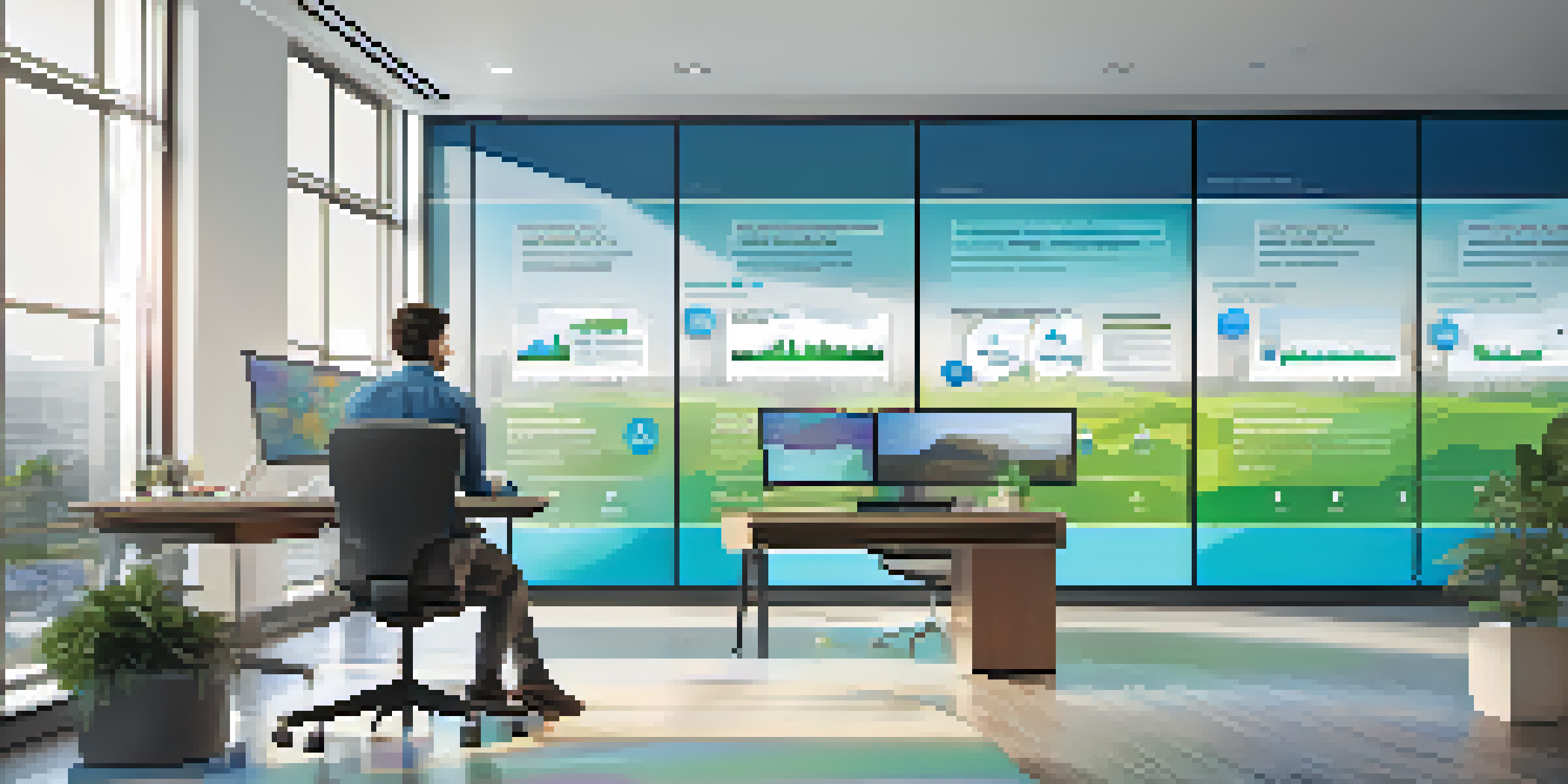 A digital marketer in a modern office analyzing colorful data visualizations on a large screen, surrounded by natural light and plants.