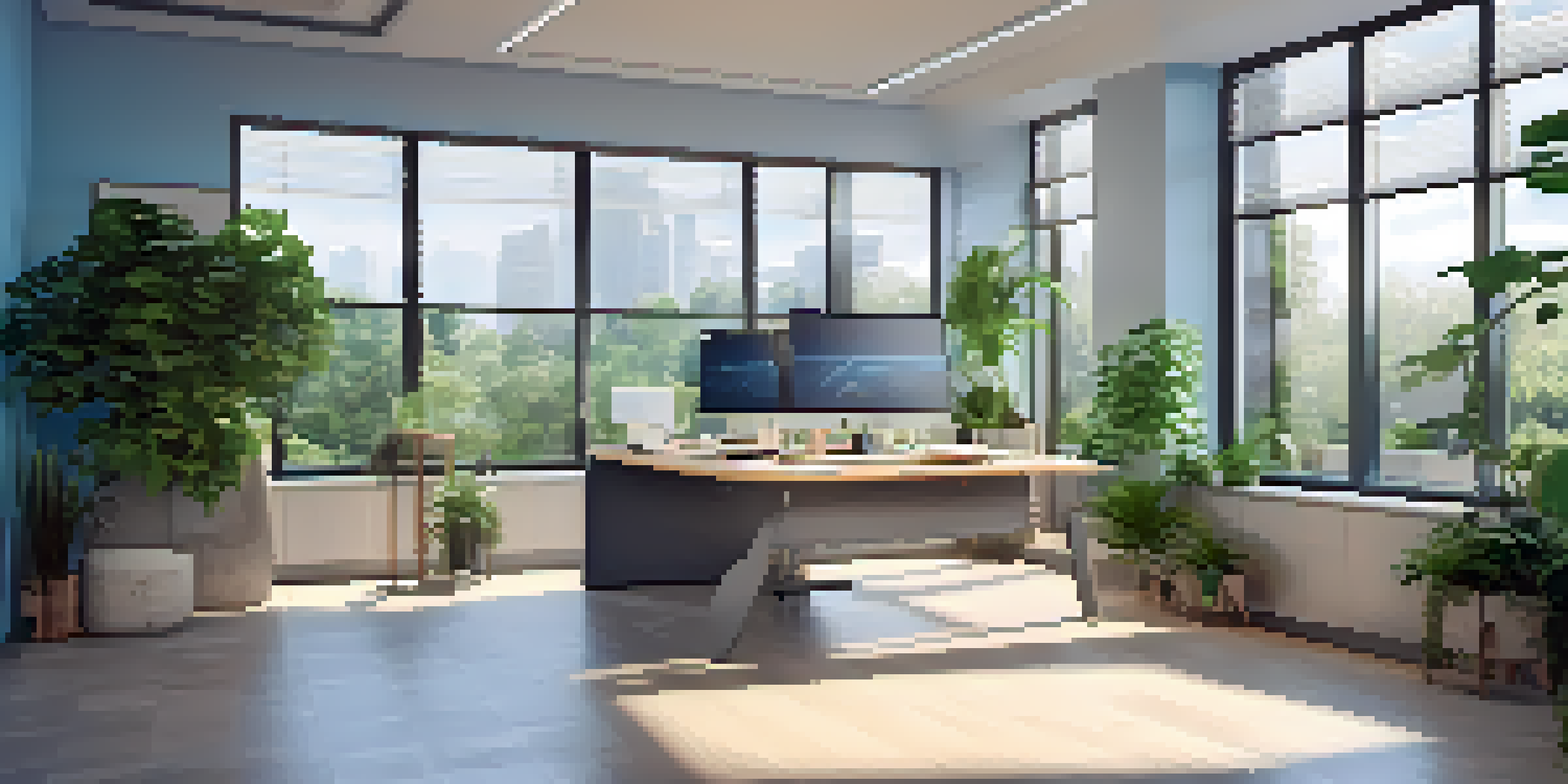 A bright and modern office with a computer displaying RPA metrics, surrounded by plants and a light wood desk.