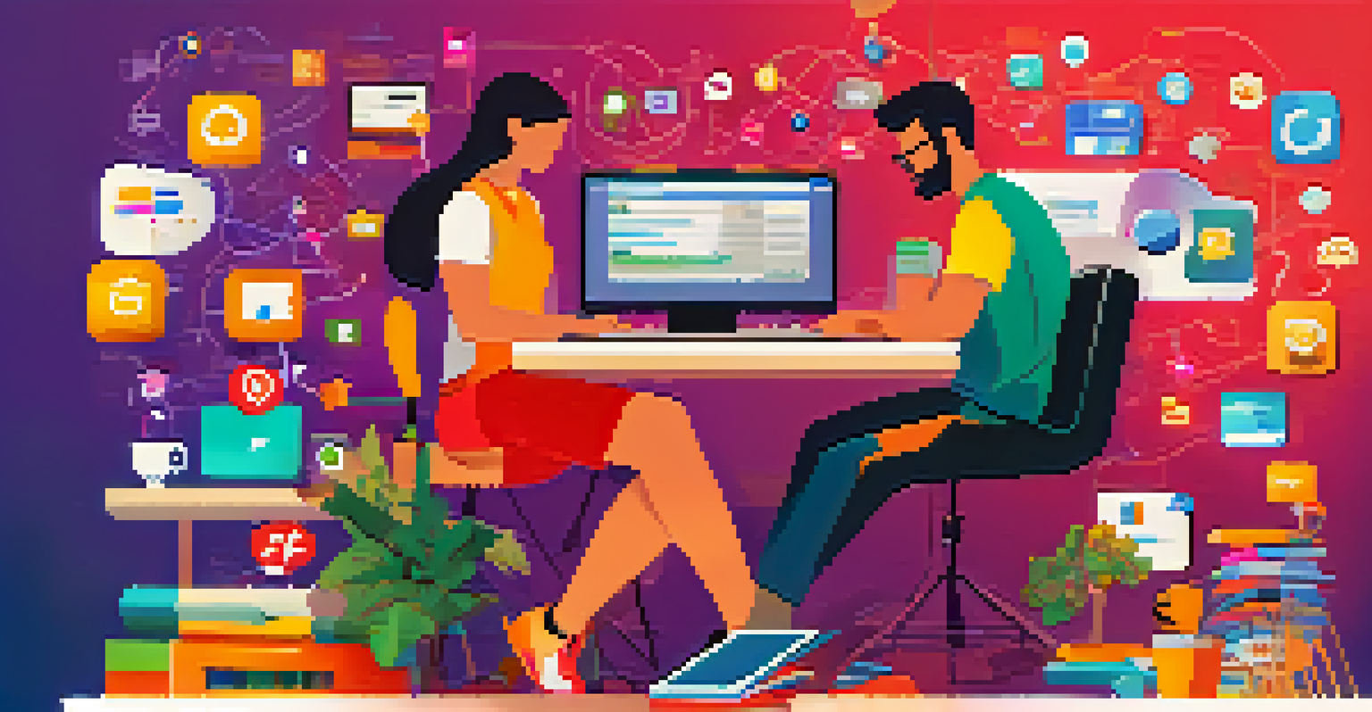 A developer using a no-code platform to build an app, with colorful icons and a modern workspace filled with papers and coffee cups.