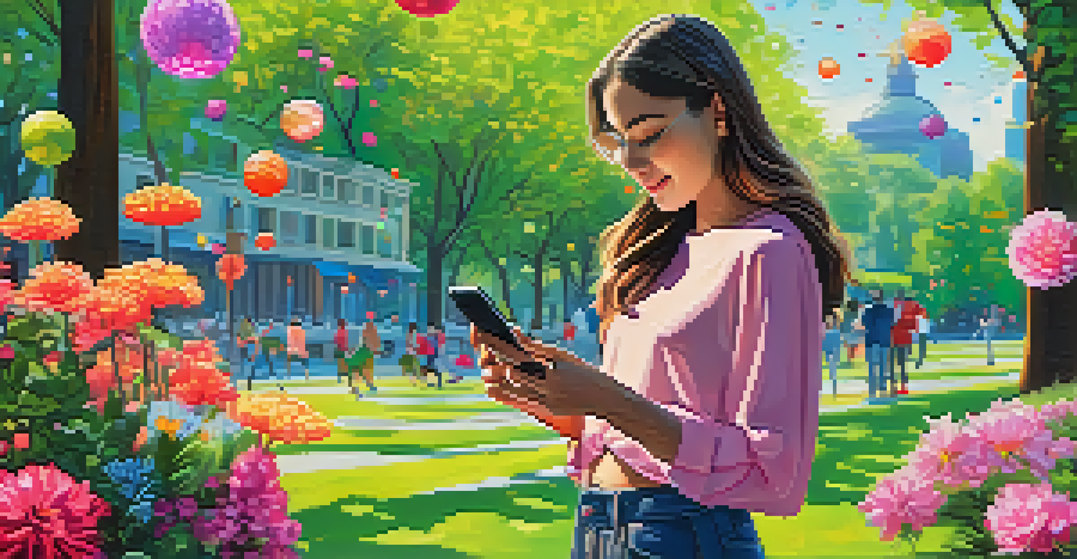 A young woman using a smartphone in a park with augmented reality elements around her.