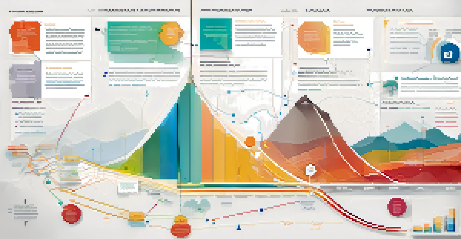 An infographic depicting the storytelling process in data visualization, with connected charts and icons illustrating data analysis.