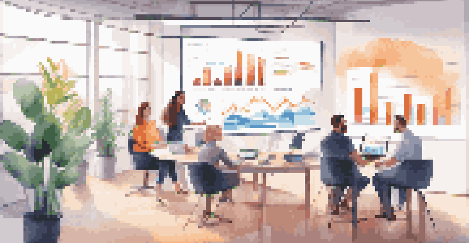 A marketing team discussing strategy in a bright office space with a screen showing analytics charts and plants around them.
