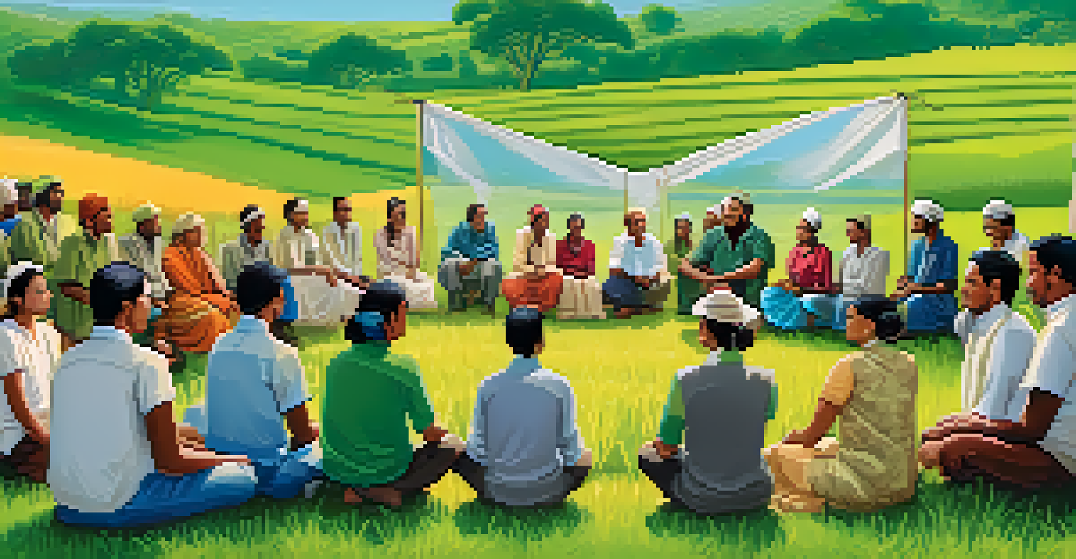 NGO representatives and local farmers gathered outdoors, discussing sustainable agriculture with a chart in a lush green field under a blue sky.