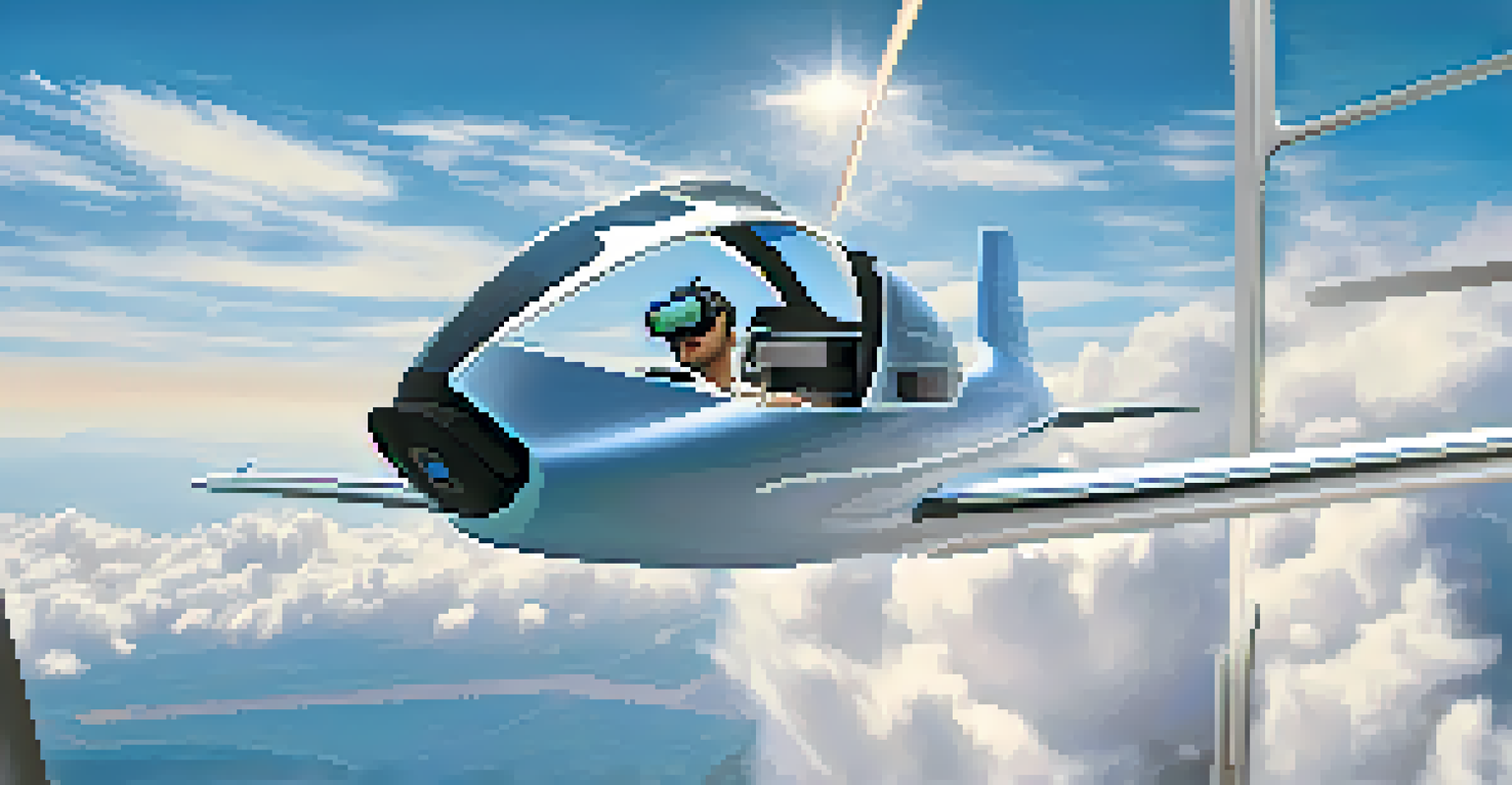 A person in a VR headset simulating a flight in a virtual airplane cockpit, surrounded by clouds and a bright sky.