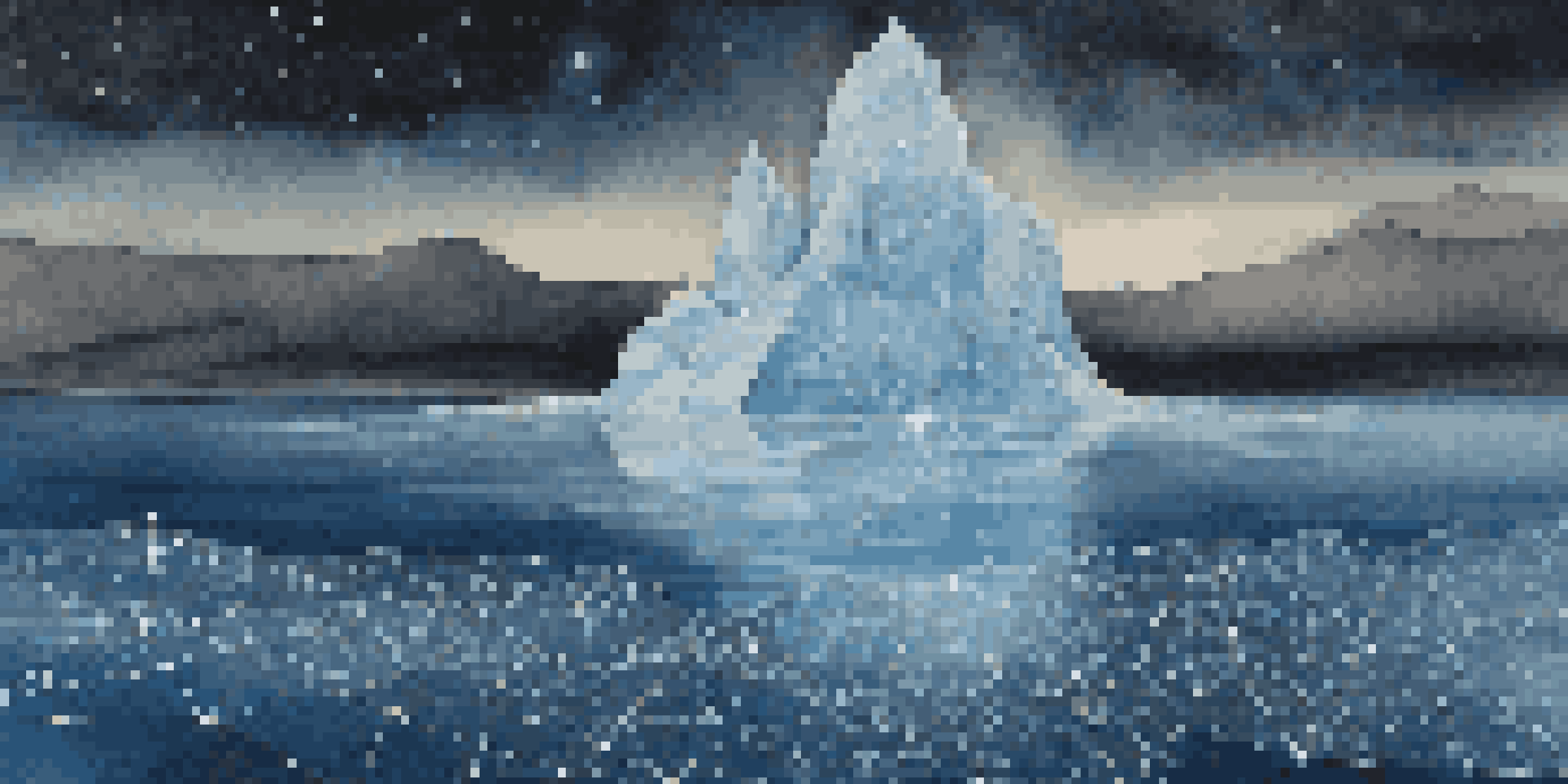 An iceberg illustrating the concept of the dark web, with the surface web visible above water and the hidden dark web below, featuring mystical blue lights and shadowy figures.