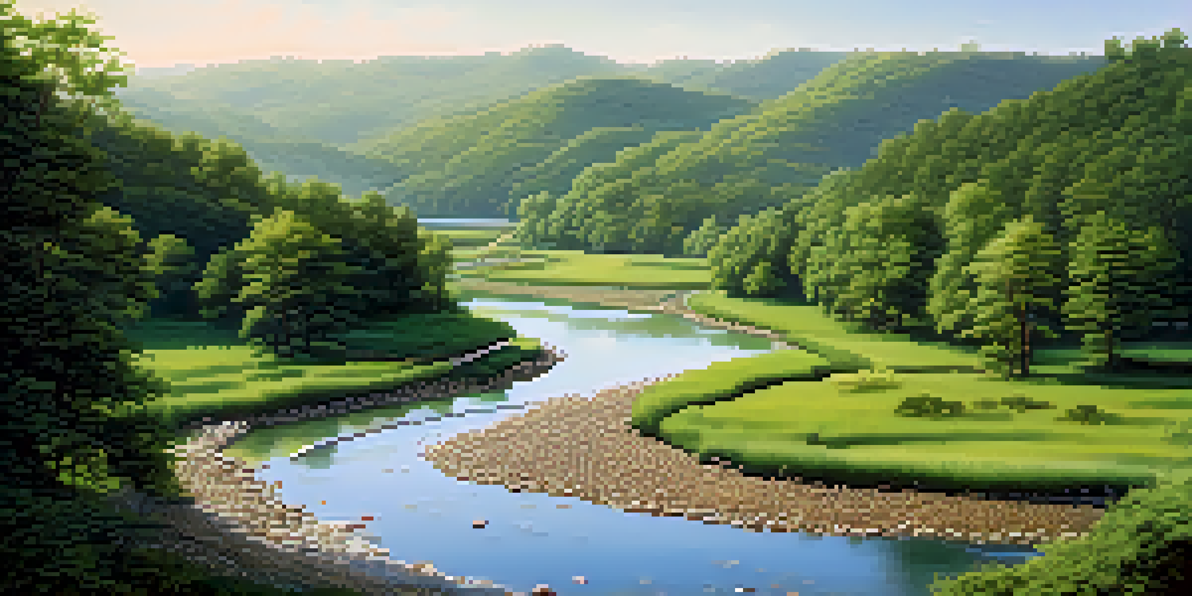 A peaceful river landscape with tributaries flowing into it, surrounded by greenery and soft morning light.
