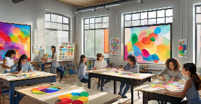 An art classroom where students are using augmented reality tools to create art, with bright colors and natural light.
