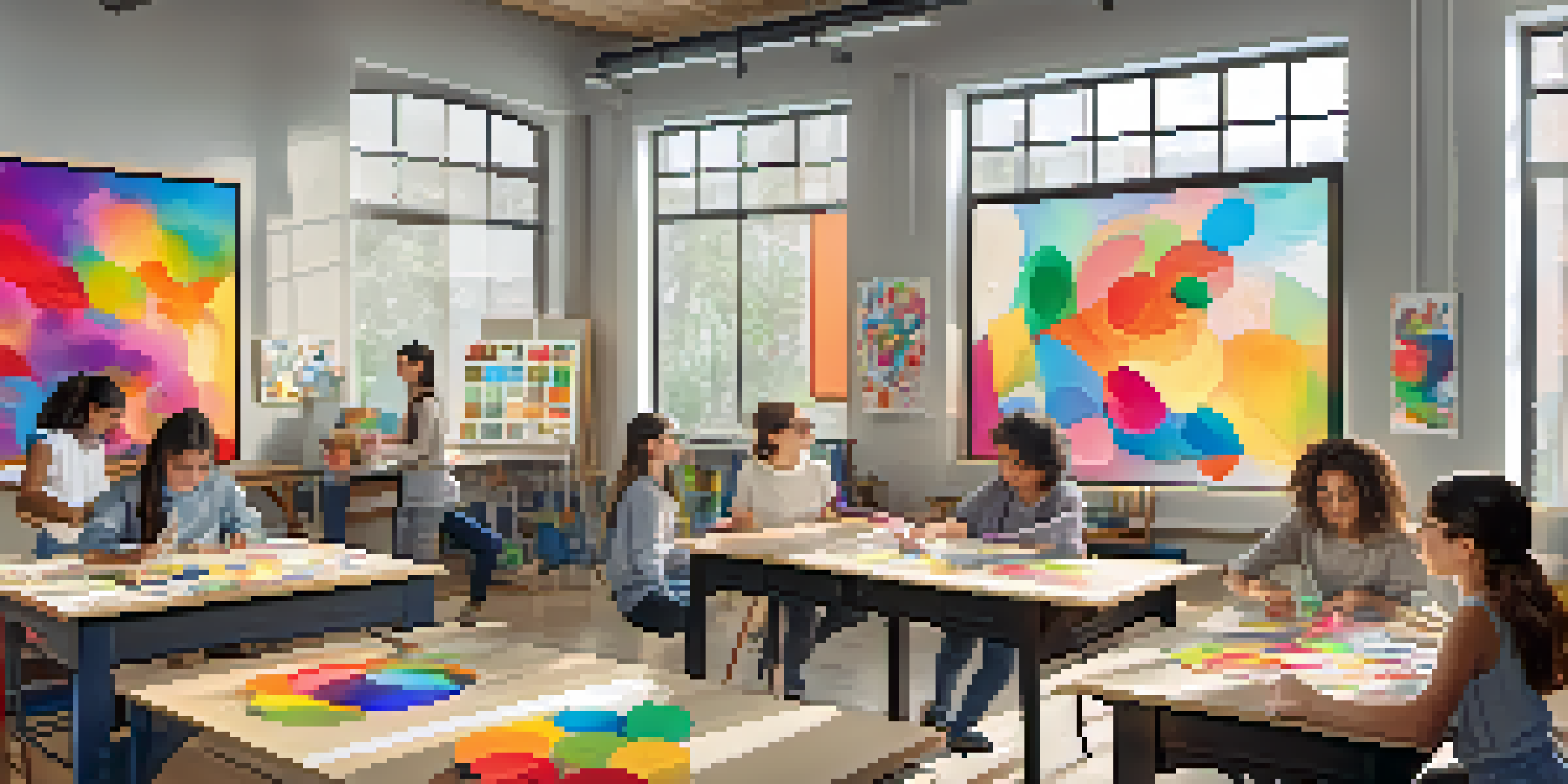 An art classroom where students are using augmented reality tools to create art, with bright colors and natural light.