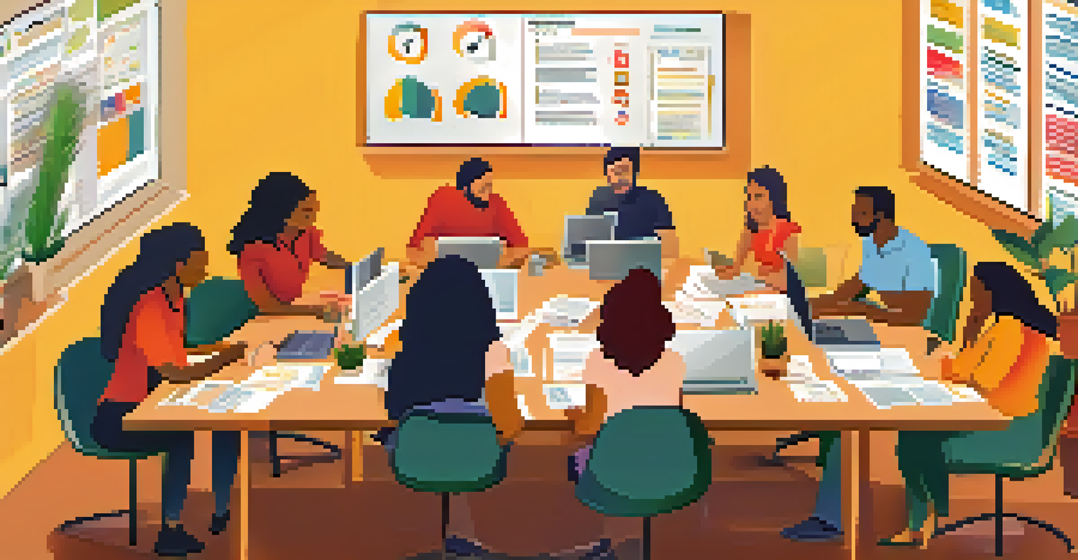 A diverse team of non-profit staff discussing fundraising ideas around a table with laptops and papers, in a bright room with motivational posters.