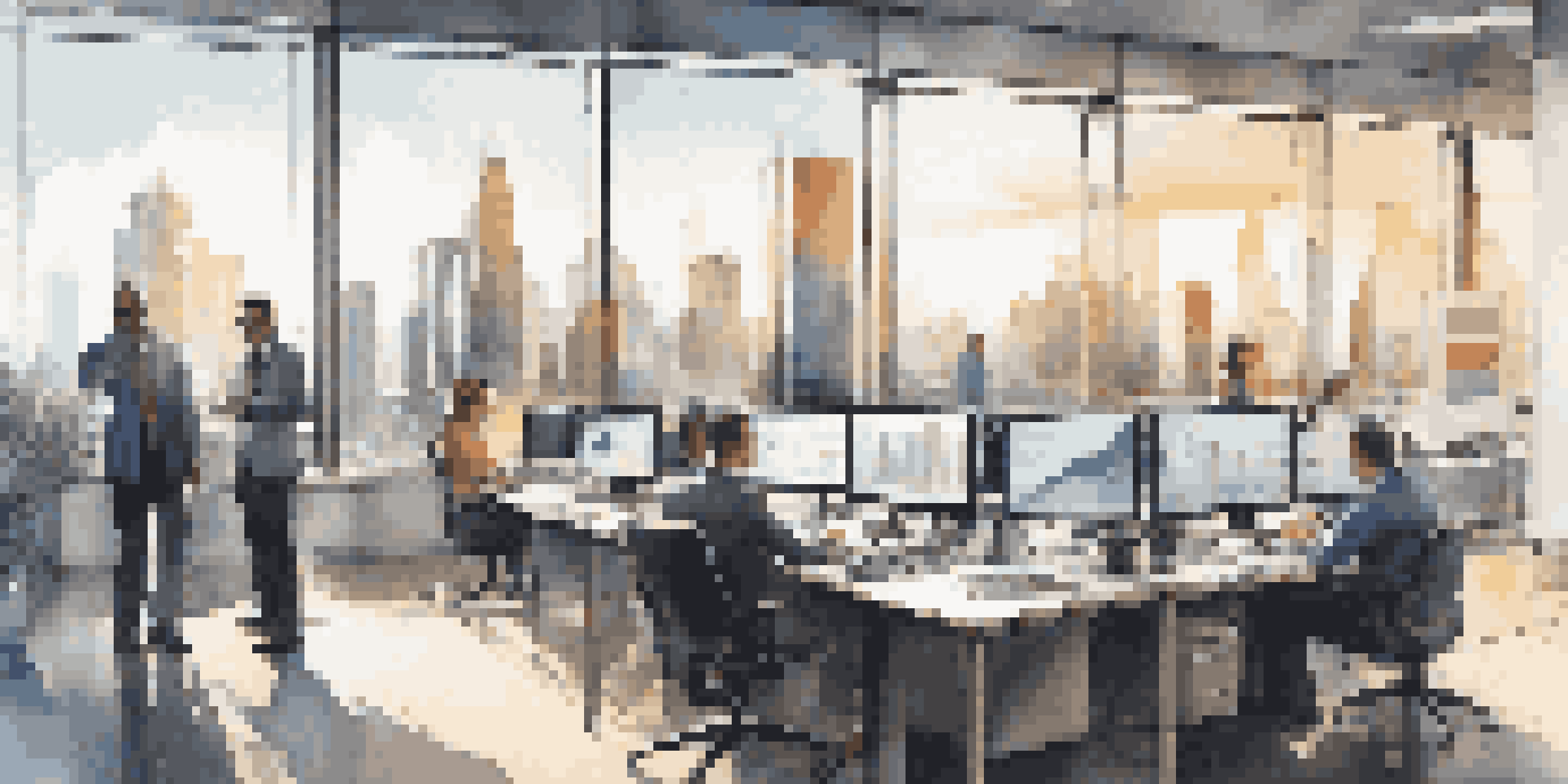A bright office with professionals analyzing data on large screens, sunlight illuminating the space with a city skyline visible outside.