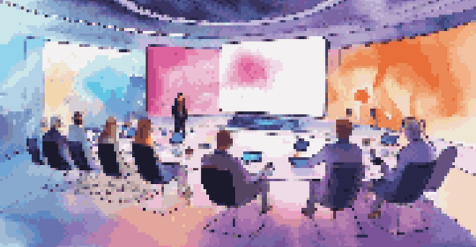A modern virtual conference with diverse attendees interacting through their screens in a bright and colorful setting.