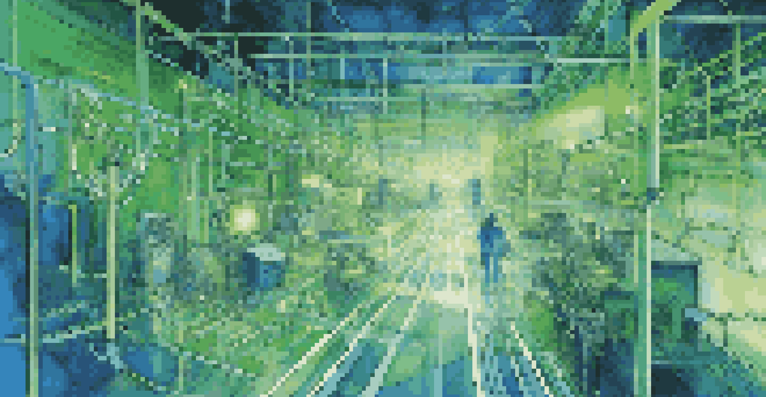 An abstract visualization of data flow between interconnected devices in a factory, with glowing lines illustrating connectivity.