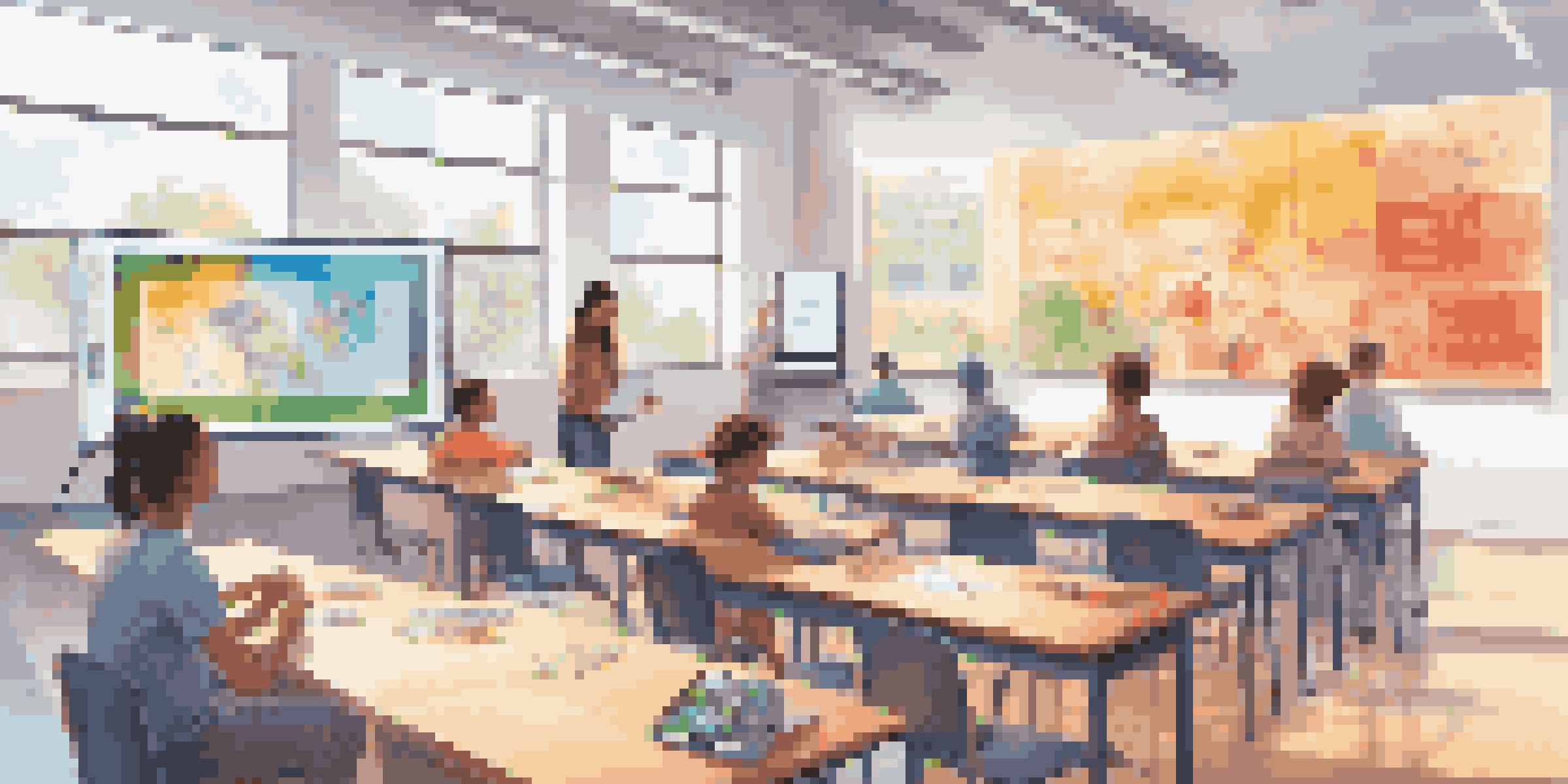 A bright and colorful modern classroom with students using tablets and interactive screens, a teacher analyzing data on a large screen.