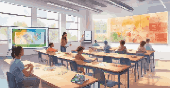 A bright and colorful modern classroom with students using tablets and interactive screens, a teacher analyzing data on a large screen.