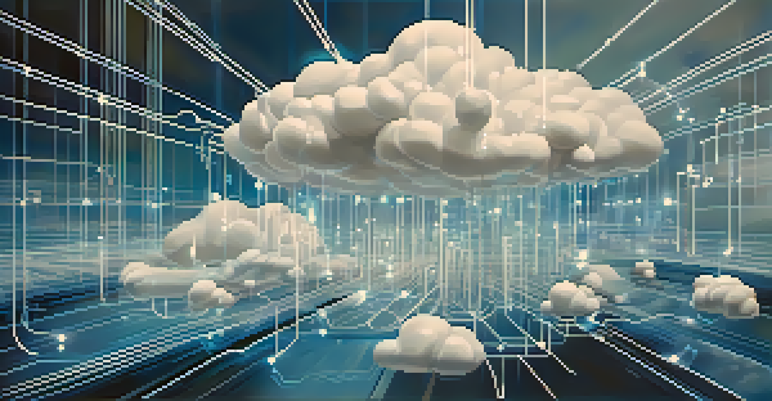 An abstract image showing interconnected clouds and data streams representing cloud infrastructure for low-code applications.