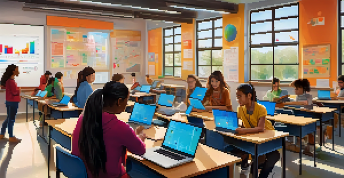 A diverse group of students in a bright classroom using laptops with NLP tools, with a teacher assisting them and educational charts on the walls.