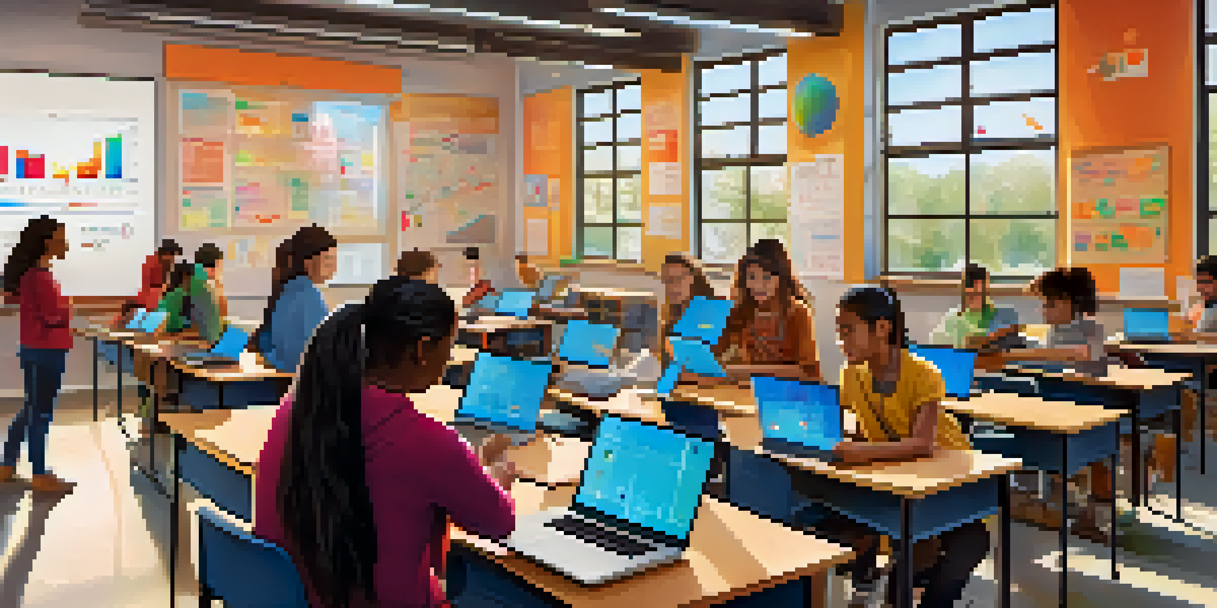 A diverse group of students in a bright classroom using laptops with NLP tools, with a teacher assisting them and educational charts on the walls.