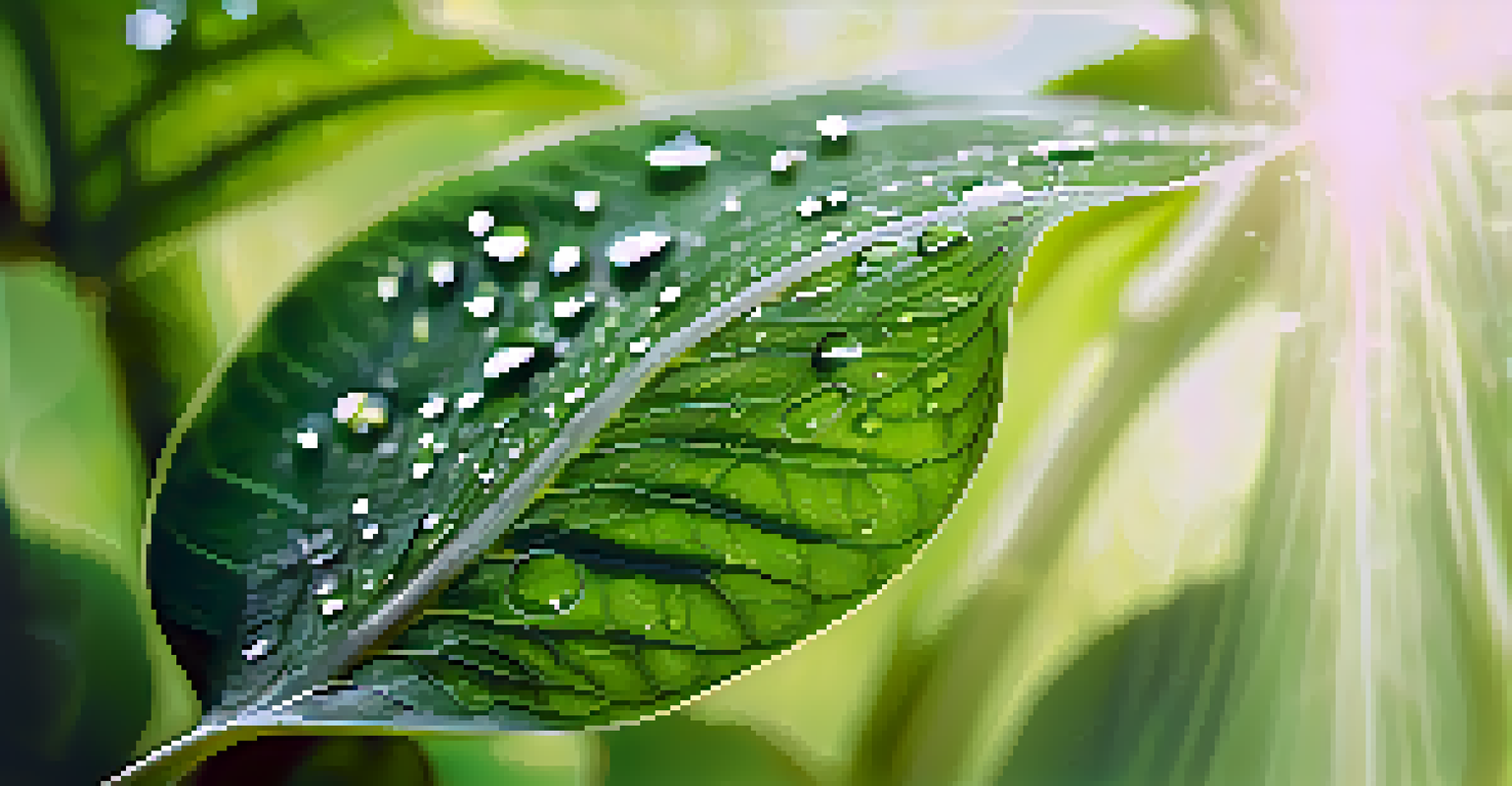 A close-up of a green leaf with water droplets, highlighting its veins and textures with soft sunlight in the background.