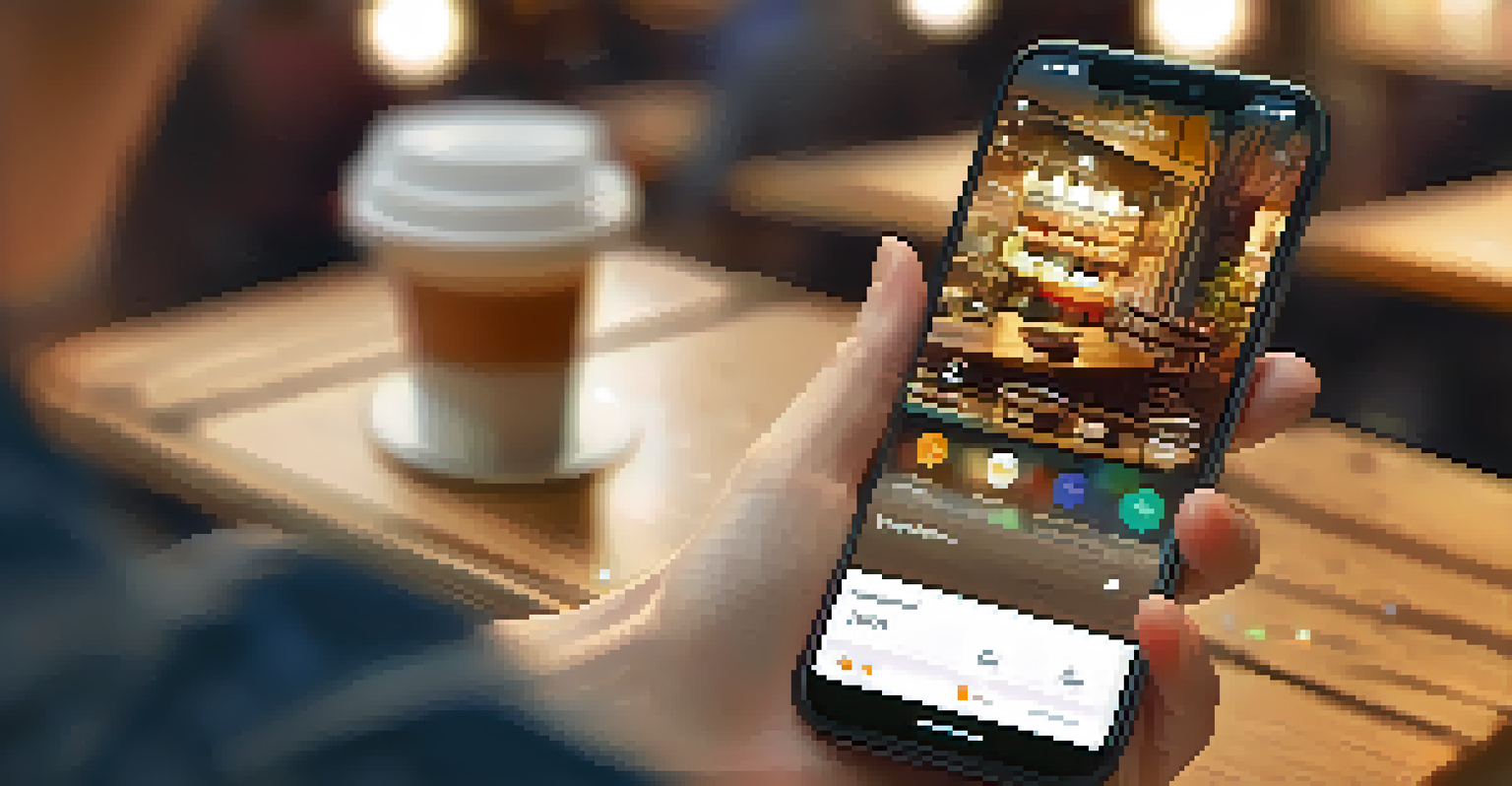 A close-up of a hand holding a mobile phone displaying a colorful app interface, with a blurred café background.