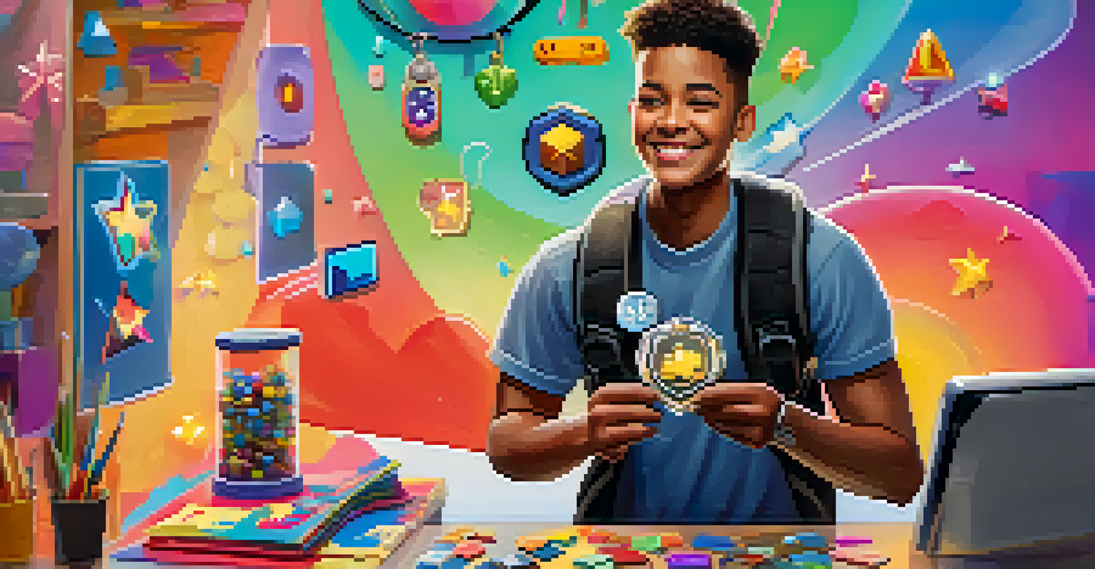 A student proudly holding a badge for completing a task, with a colorful gaming-themed background that symbolizes achievement.