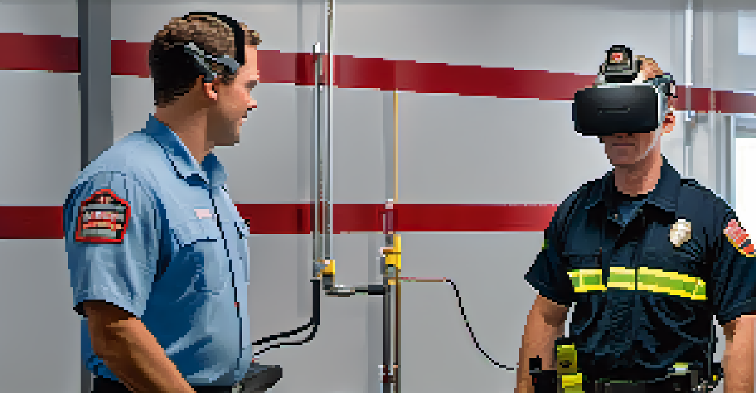 A firefighter receiving feedback from an instructor after a VR training session, with performance analytics on a monitor.
