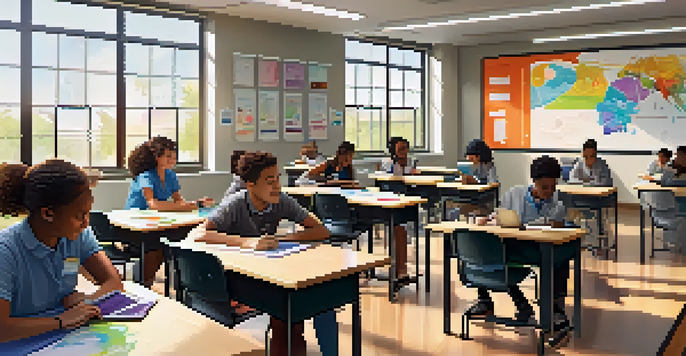 A vibrant classroom with diverse students using technology for learning, guided by a teacher.