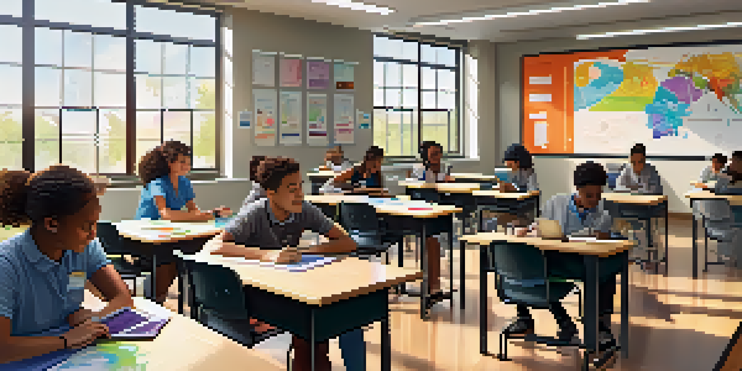 A vibrant classroom with diverse students using technology for learning, guided by a teacher.