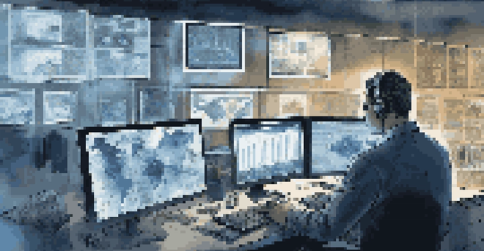 A forensic investigator analyzing data on multiple computer screens in a dark office, using a magnifying glass.