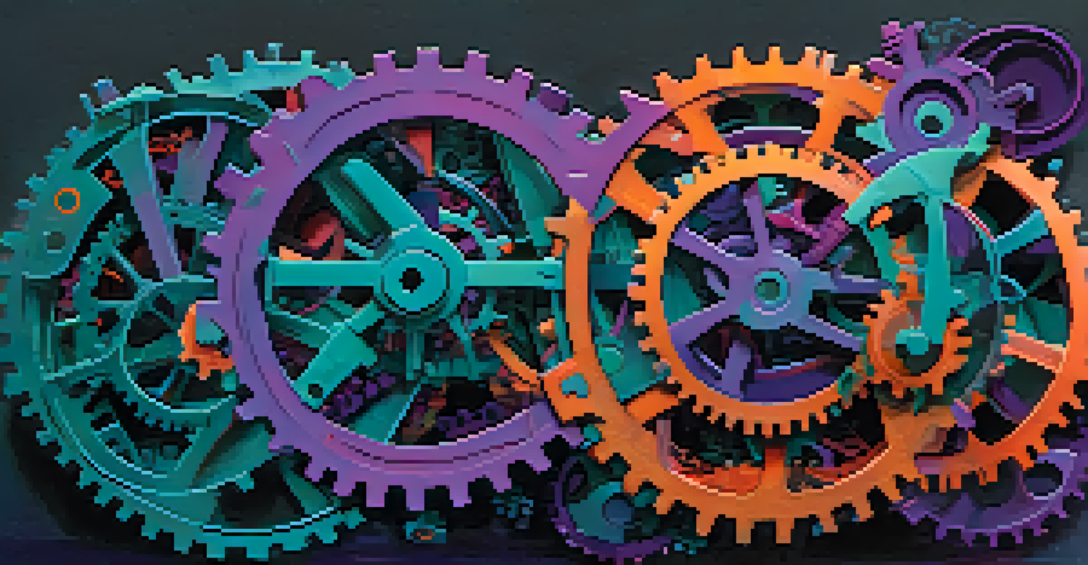 An abstract image showing interconnected gears and nodes representing microservices architecture, with vibrant colors on a dark background and soft lighting to create a sense of motion.